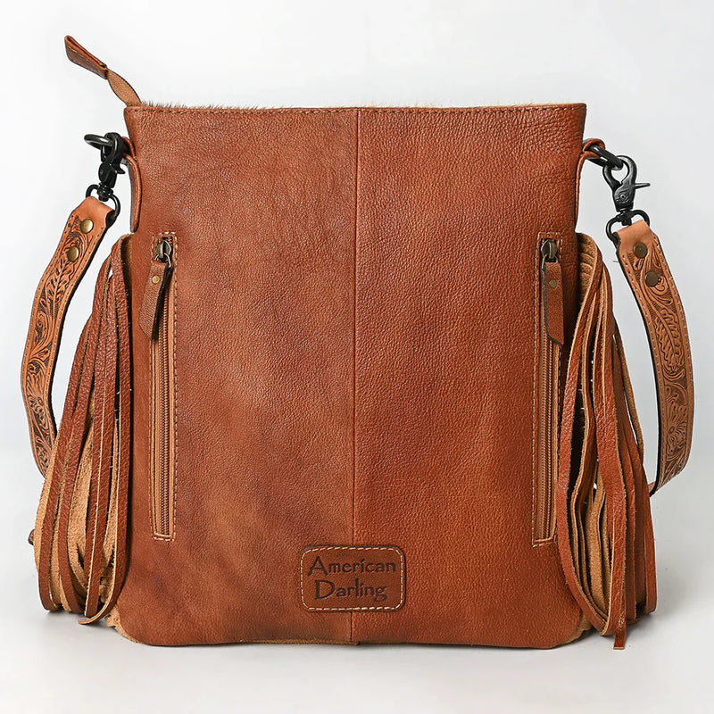 American Darling Messenger Bag ADBGS192TAW in brown full-grain cowhide leather with hand-tooled adjustable strap, leather fringe, and vertical zipper pockets