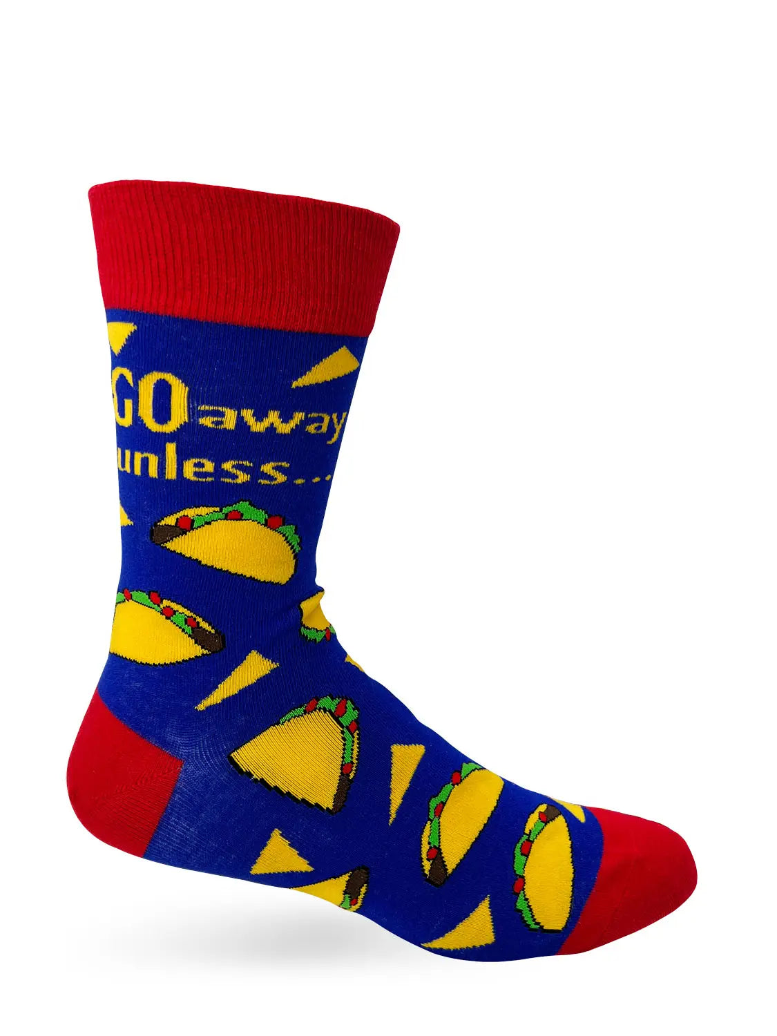 Men's novelty crew socks with taco print and "Go Away Unless You Have Tacos" text, blue with red accents.