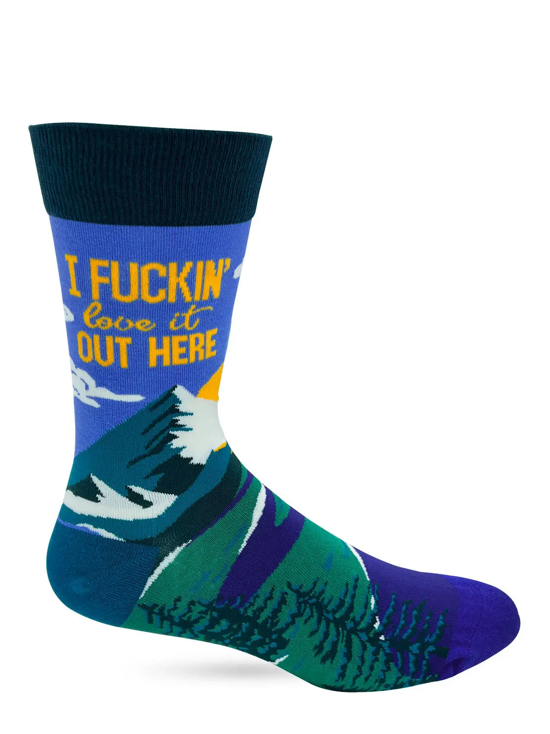 Men's novelty crew socks with "I F***in' Love It Out Here" bold text and mountain outdoor design.