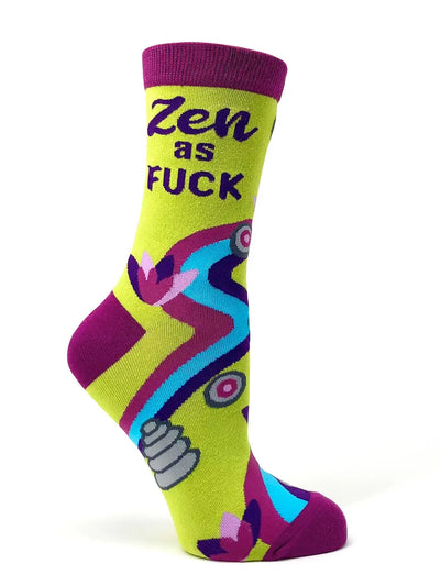 Colorful women's crew sock with "Zen as F**K" text, lotus flowers, and river design, stylish and comfortable.