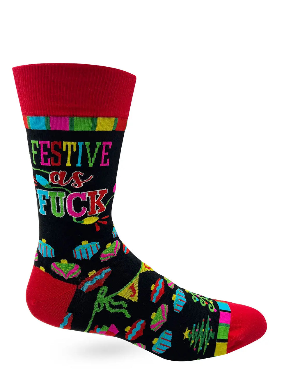 Festive As F*** funny Christmas men's novelty crew socks with colorful holiday design and bold lettering