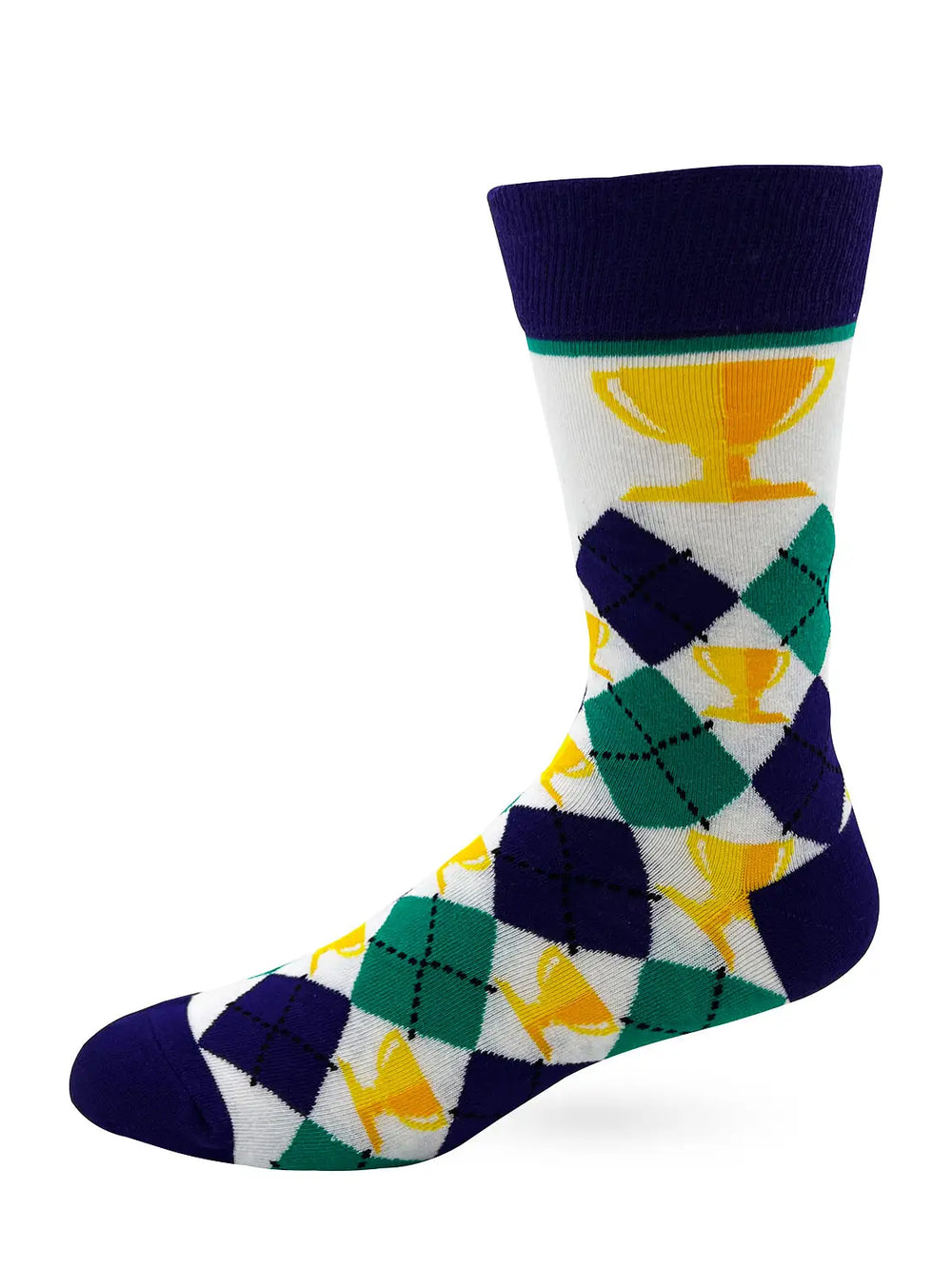 Trophy Husband men's novelty crew sock with trophy and argyle pattern in navy, green, and yellow colors