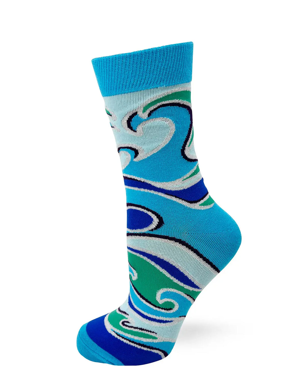 Women's crew sock with blue and green wave design, inspired by "Happiness Comes in Waves" theme.