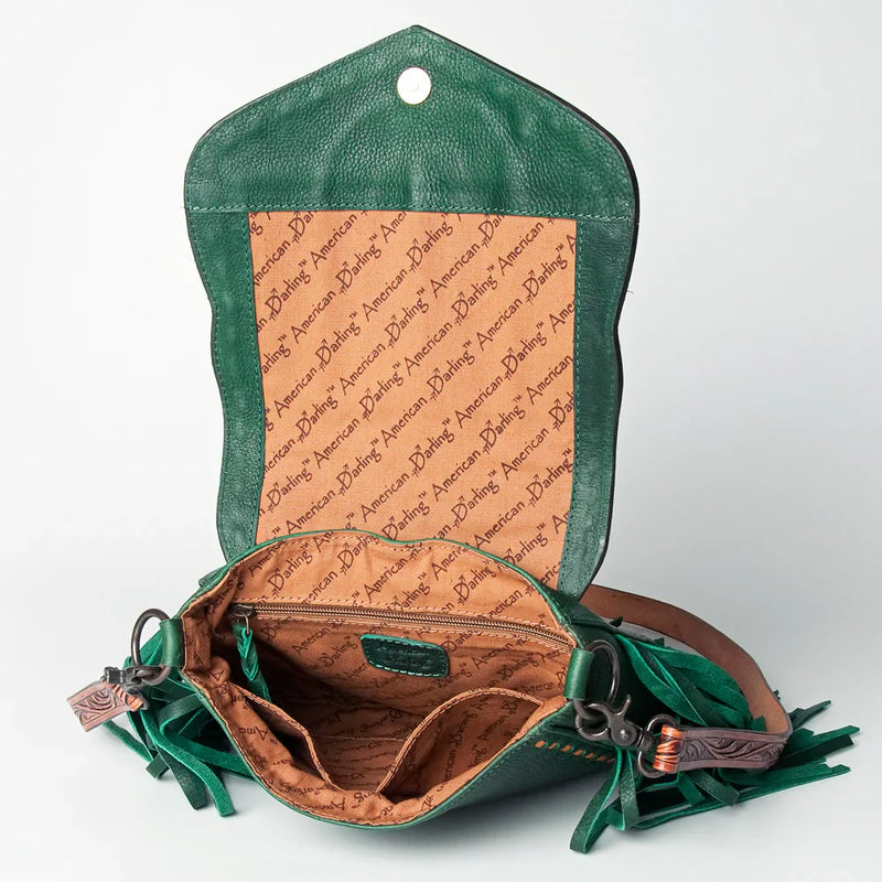 American Darling Crossbody Bag ADBGZ479 with open green leather flap and interior pattern.