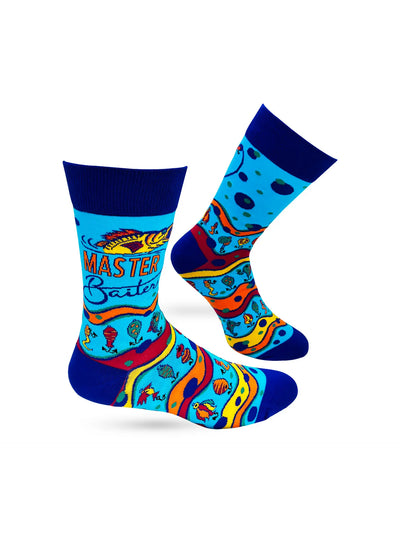 Bright blue novelty crew socks for men with fishing-themed "Master Baiter" text and colorful fish patterns.