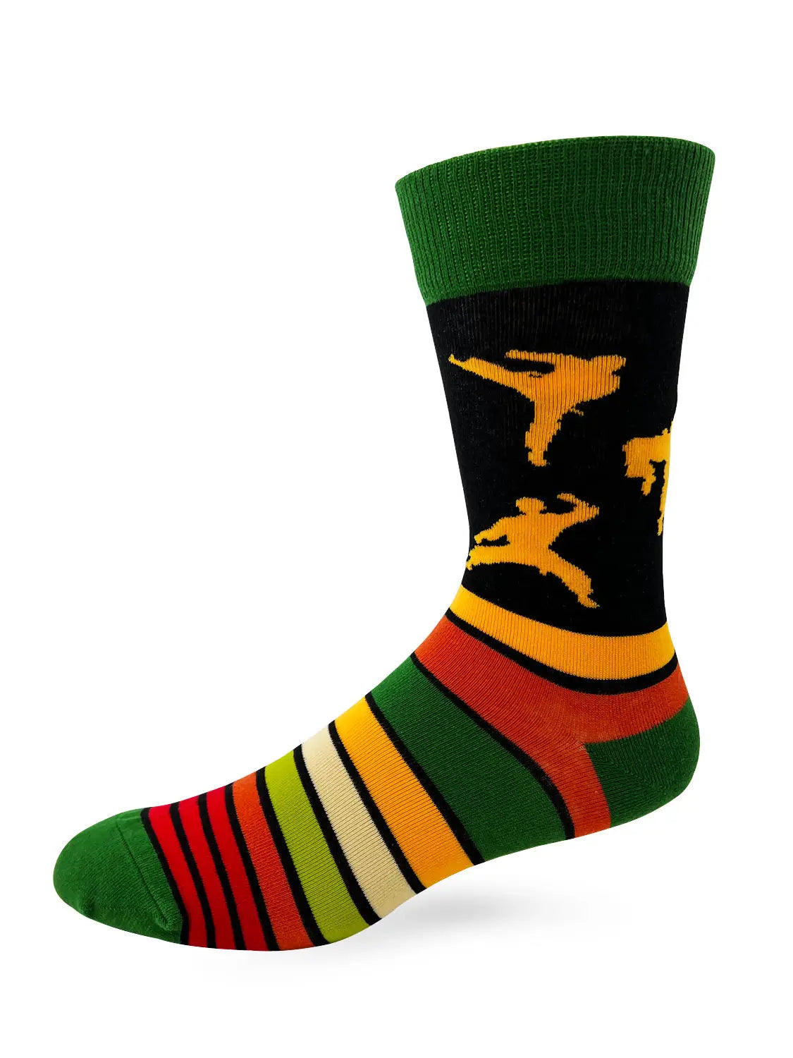 Men's novelty crew sock with colorful stripes and kung fu fighter silhouettes featuring "Surely Not Everybody Was Kung Fu Fighting" theme