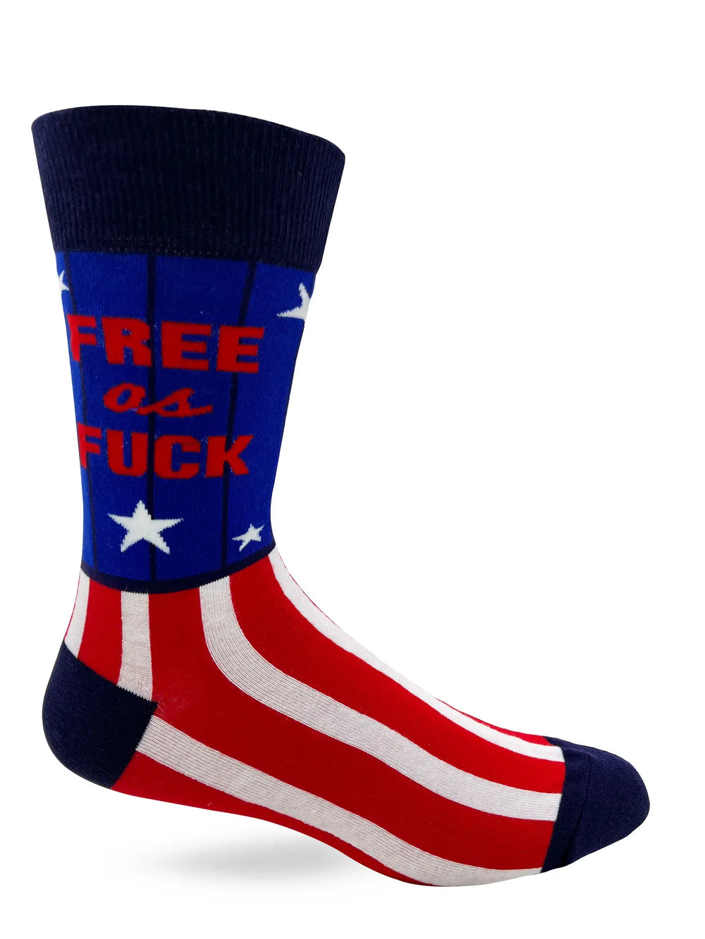 Men's novelty crew socks with "Free As F..K" bold text and American flag design, comfortable cotton blend, sizes 7-12.