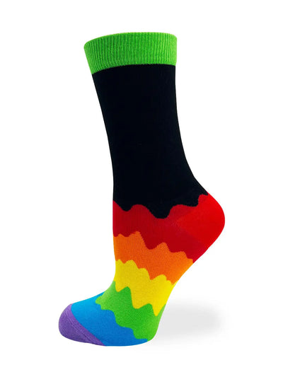Colorful women's crew socks with rainbow wave design and bold green cuff, promoting love, liberty, and equality.