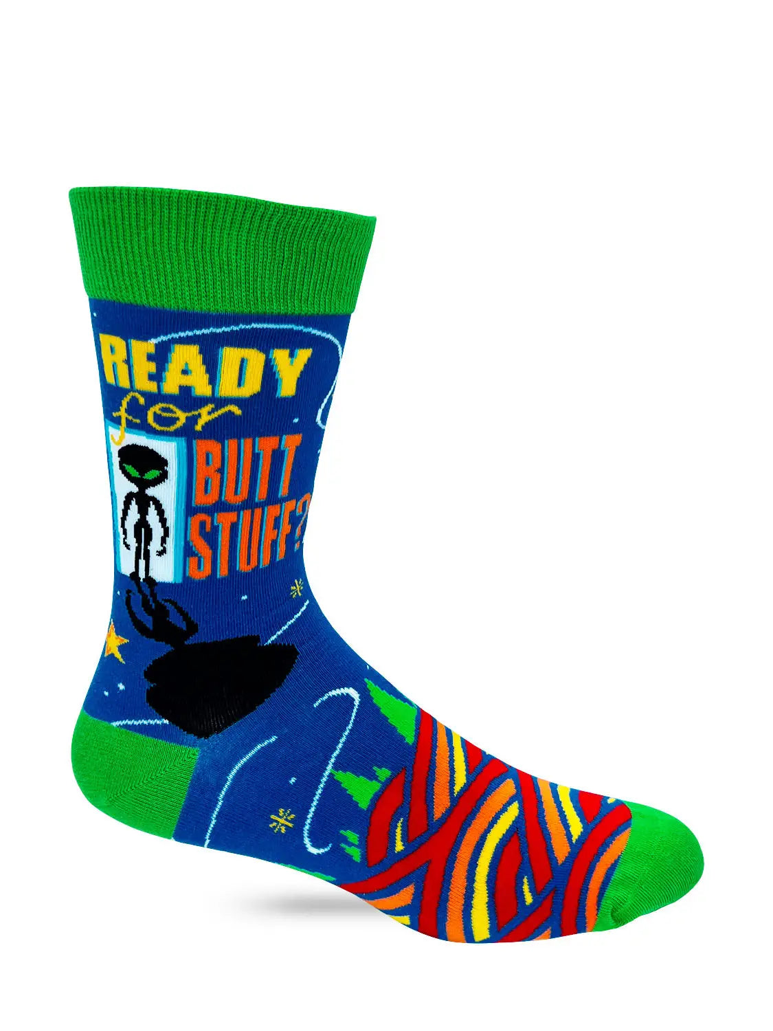 Men's novelty crew sock in blue and green with humorous "Ready for Butt Stuff?" text and alien design
