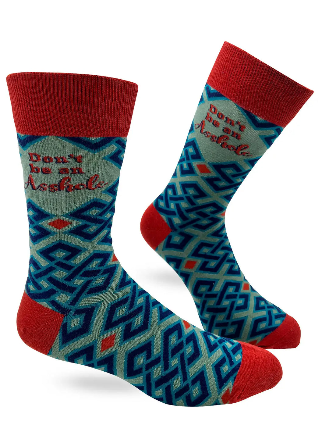 Men's novelty crew socks with red accents and blue geometric pattern featuring "Don't Be An A**hole" text.