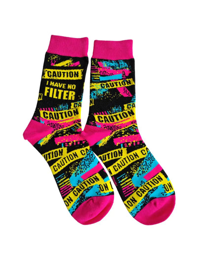 Women's crew socks with "Caution I Have No Filter" text, colorful design, and pink accents.