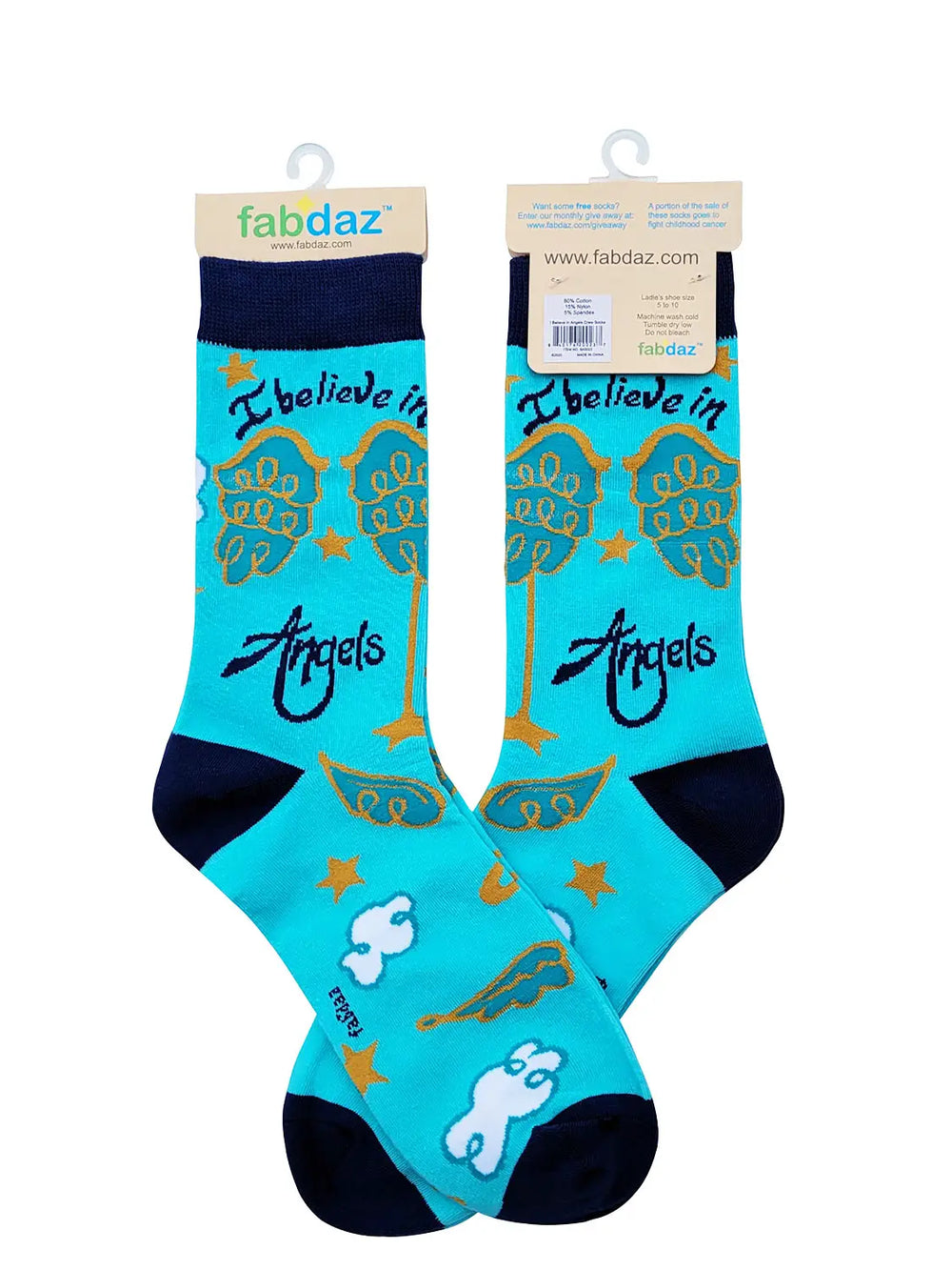Women's crew socks with "I Believe in Angels" design in blue with angel wings and stars for faith-inspired comfort.