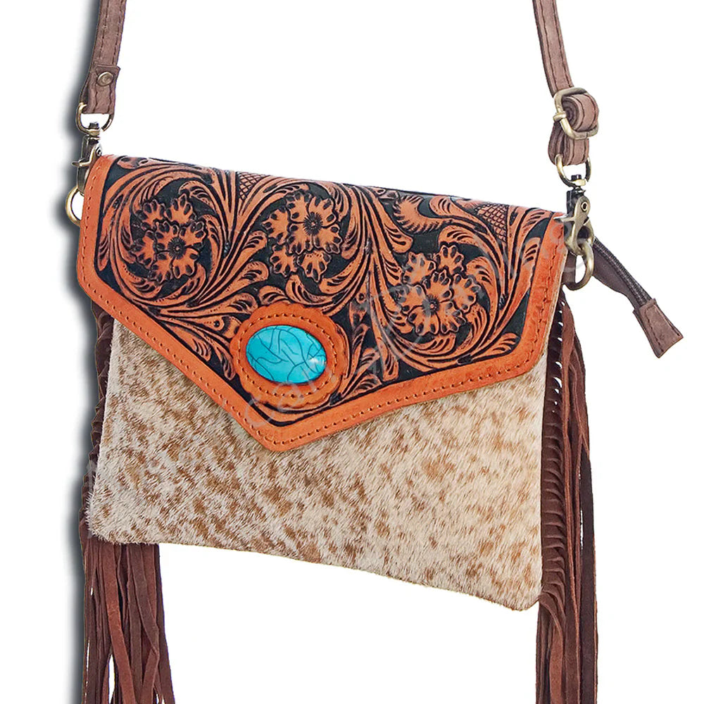 American Darling Small Crossbody Messenger Bag with leather fringes, turquoise stone embellishment, and adjustable strap.