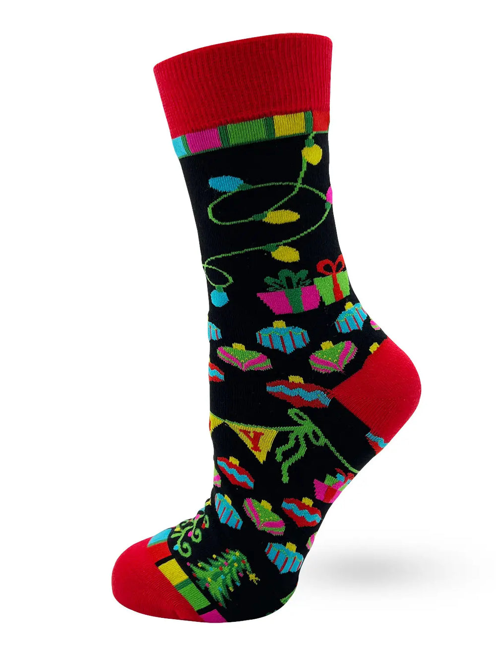 Festive women's novelty socks with colorful holiday gift and light decorations, red cuff and heel, comfortable fit for shoe sizes 5 to 10, machine washable.