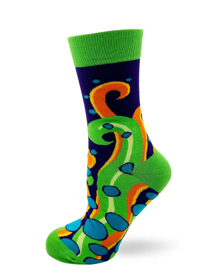 Colorful novelty ladies crew sock with abstract green and blue meditating frog design, breathable and soft, featuring "Let That S*** Go" mantra.