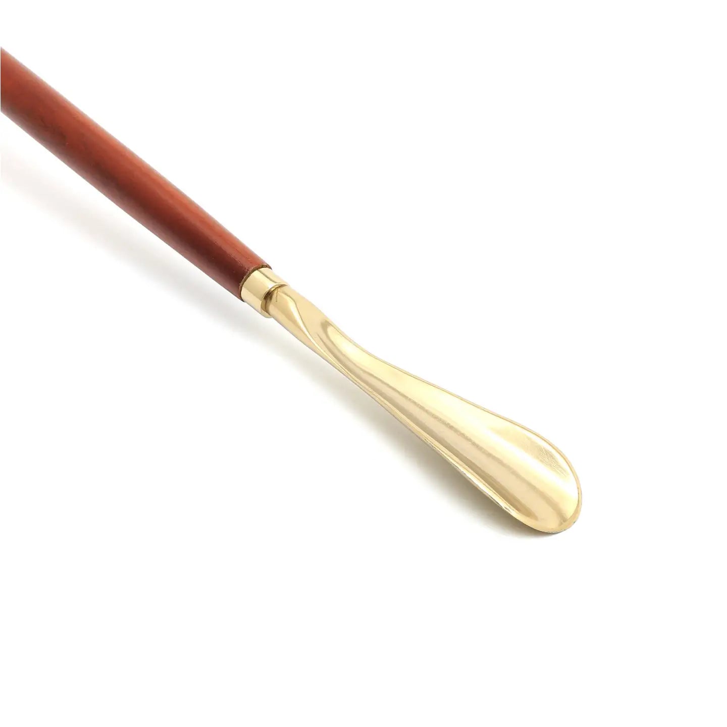 29-inch wooden shoehorn with metal handle in brown and gold finish for easy shoe wearing