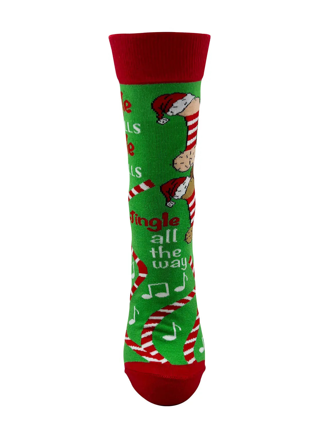 Green and red Jingle Balls sassy women's novelty sock with festive holiday design and cheeky text.