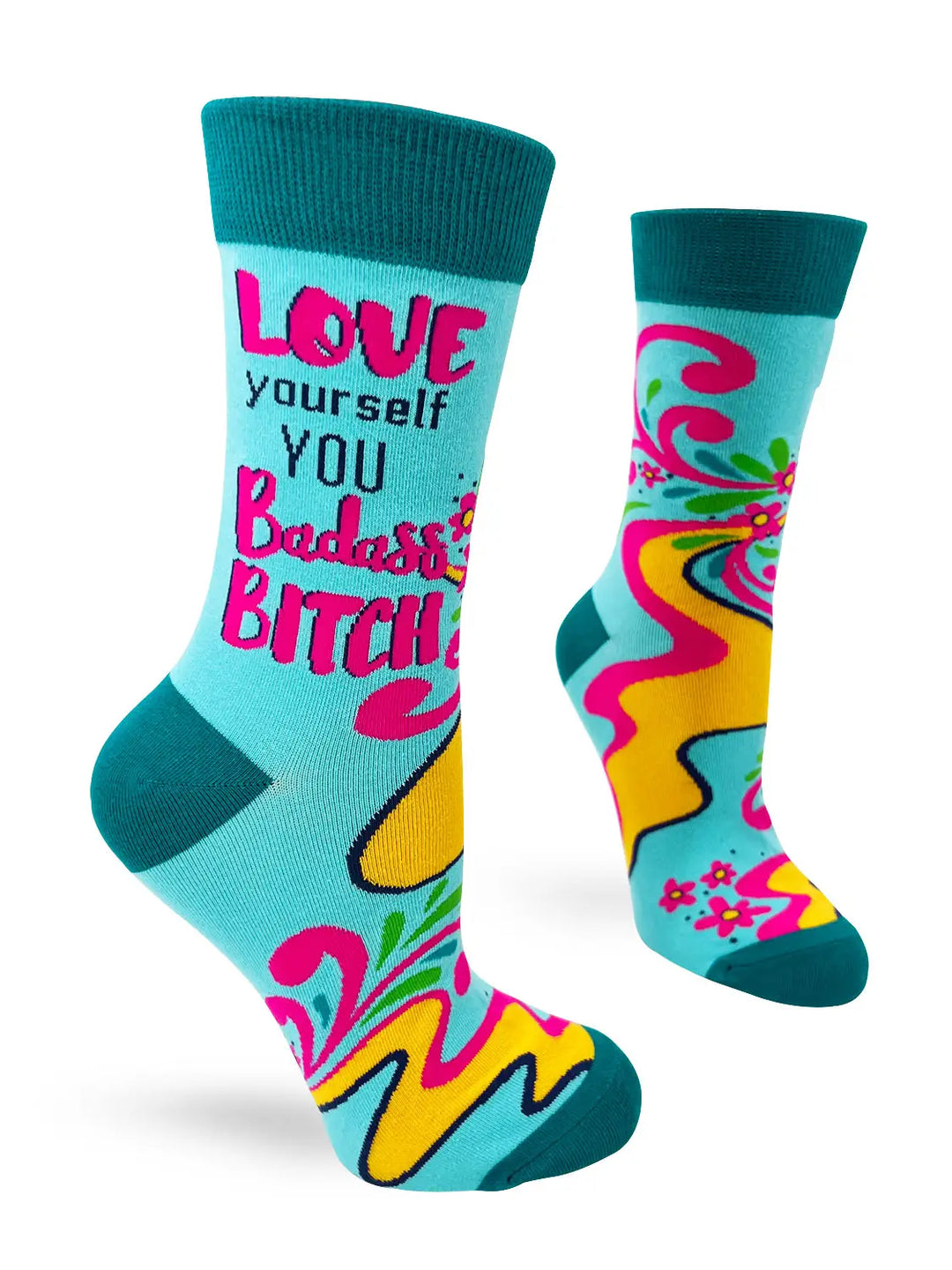 Colorful ladies' crew socks with "Love Yourself You Badass Bitch" empowering text and vibrant floral design.