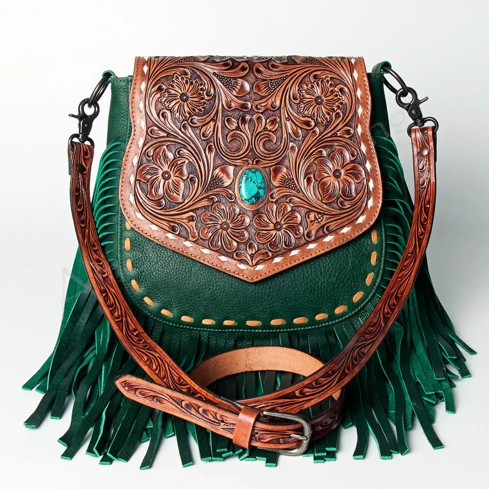 American Darling Crossbody Bag ADBGZ479 with intricate leather tooling and fringed design.