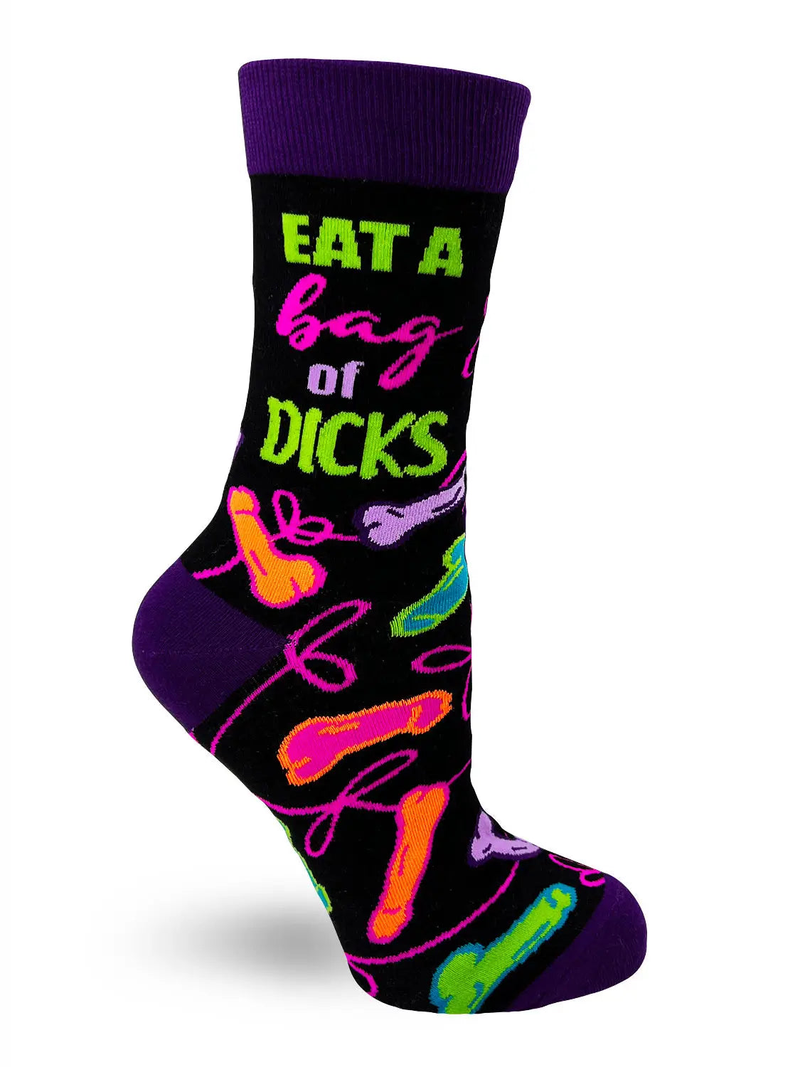Black women's crew socks with colorful "Eat A Bag Of D***s" slogan and vibrant graphic designs, bold and sassy style.