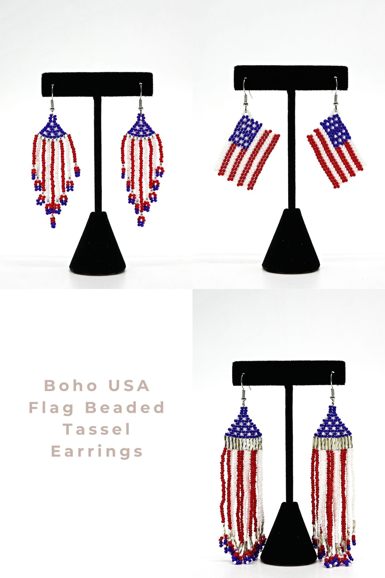 Boho USA flag inspired handwoven beaded tassel earrings with red, white, and blue design