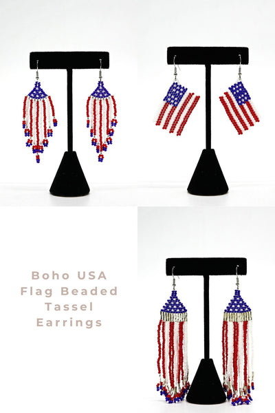 Boho USA flag beaded tassel earrings with red, white, and blue handwoven rice beads and bold tassel details