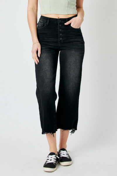 High-rise Judy Blue Jeans 88829 with distressed wide leg and raw hem detailing.