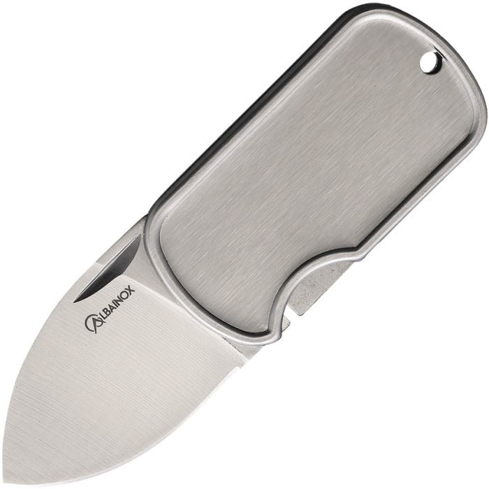 Compact Dog Tag Framelock pocket knife with satin stainless steel blade and brushed handle
