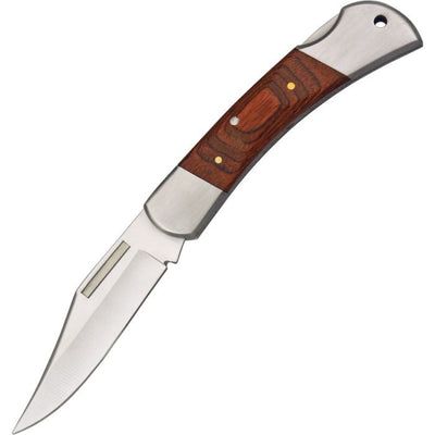 Lockback folding knife with stainless steel clip point blade and brown pakkawood handle with bolsters