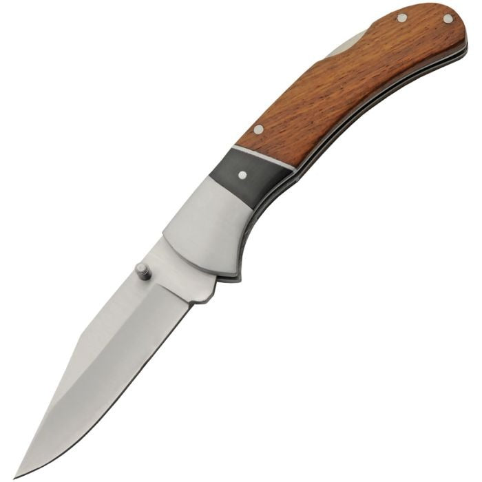 Lockback wood folding knife with 3-inch satin-finish stainless steel blade and brown wood handle