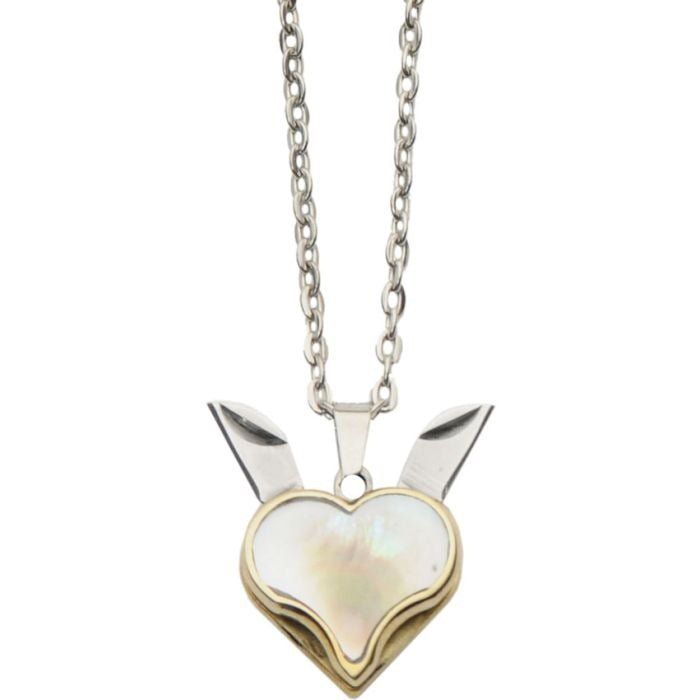 Pearl Heart Blade Necklace featuring a heart-shaped black lip pearl pendant with two hidden stainless steel blades on a 25-inch silver chain