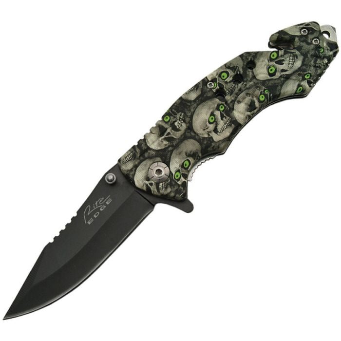 Skull Eyes Linerlock Knife with black stainless steel blade and skull artwork handle, featuring assisted opening and linerlock mechanism