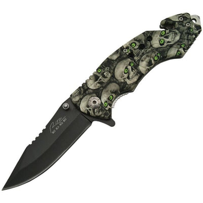 Skull Eyes Linerlock Knife with black stainless steel blade and skull artwork handle, featuring assisted opening and linerlock mechanism