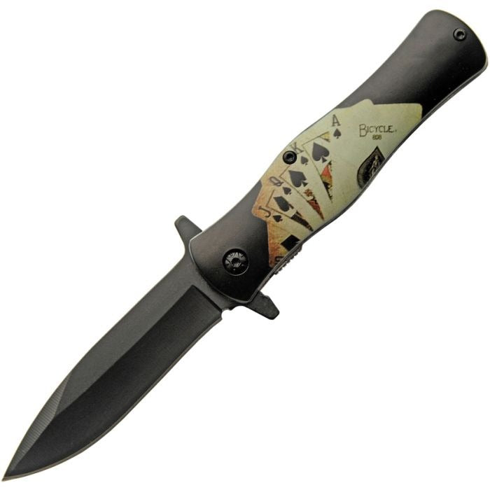 Gambler Linerlock Knife with 3.5-inch black stainless steel blade and playing card artwork handle