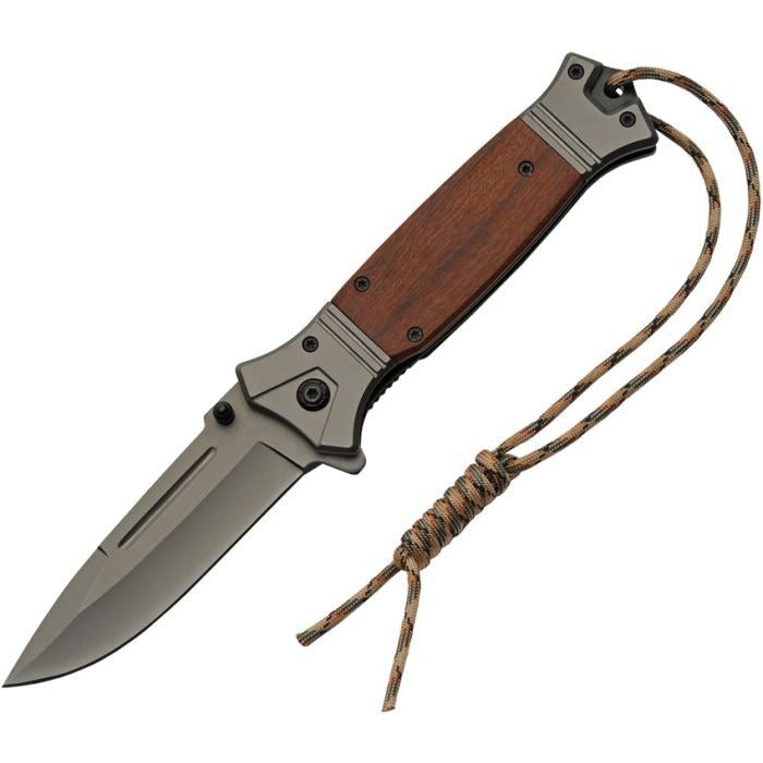 FK-5 Linerlock Knife with 4-inch gray titanium-coated blade, brown wooden handle, stainless bolsters, thumb stud, and lanyard hole.