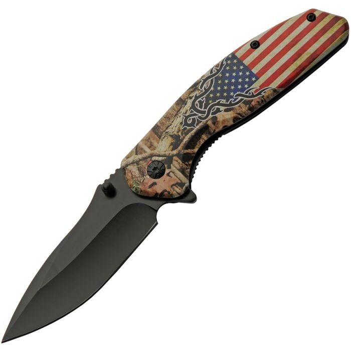 USA Forest Linerlock Knife with black-finish stainless steel blade and aluminum handle featuring USA flag and forest camo artwork