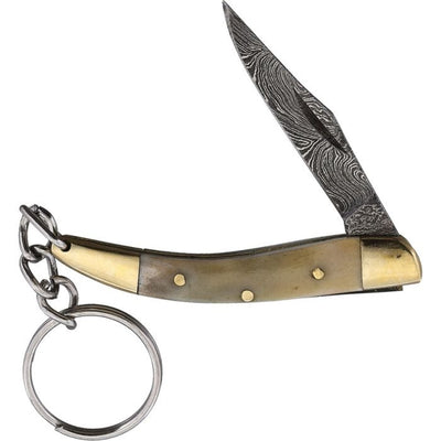 Compact Key Chain Folder knife with Damascus steel blade and smooth bone handle