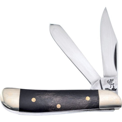 Dog Leg Trapper Knife with genuine buffalo horn handle and mirror-finish stainless steel clip and spey blades.
