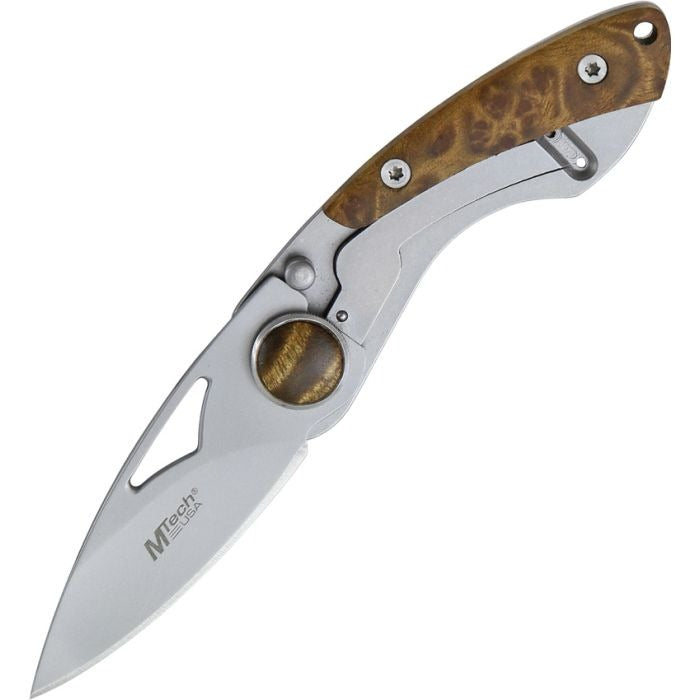 Framelock 2.88" closed stainless steel blade knife with wood onlay handle and pocket clip