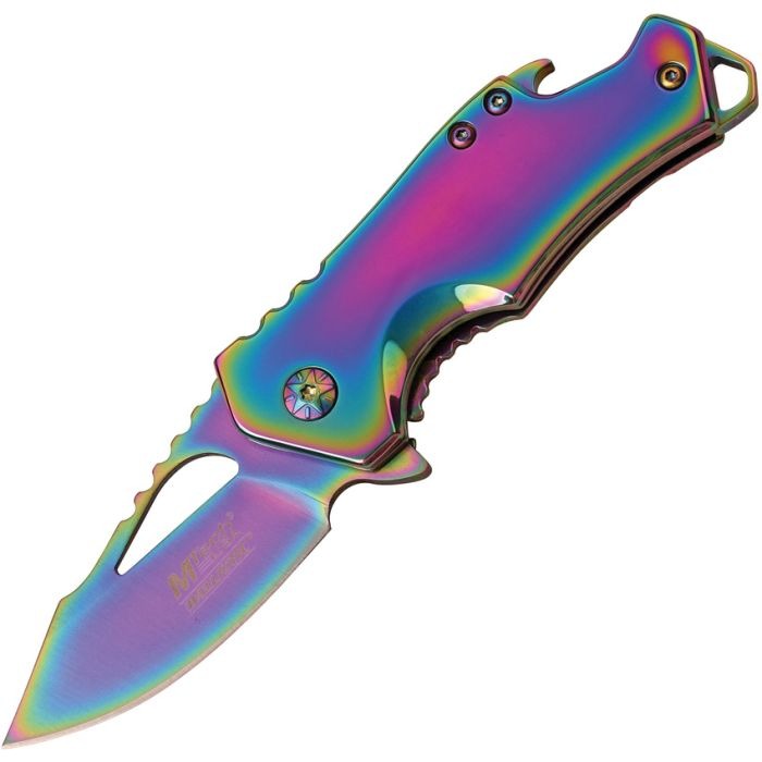 Framelock AO Spectrum Knife with 2.75" rainbow-finish stainless steel blade and matching spectrum handle featuring framelock, pocket clip, and bottle opener.