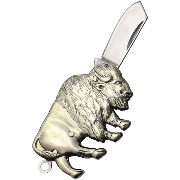 Buffalo Folder Knife with nickel silver buffalo-shaped handle and 1-inch mirror-finish stainless steel blade, compact and collectible design.