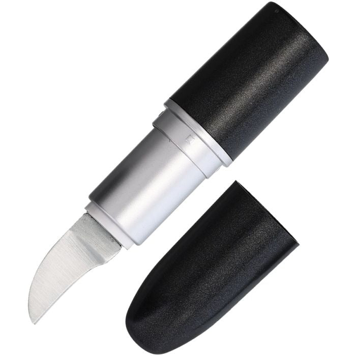 Compact lipstick-shaped knife with 1-inch satin-finish blade and black plastic handle for discreet everyday carry