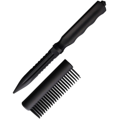 Personal safety brush knife with 3.88" serrated stainless steel blade and built-in glass breaker in black ABS handle