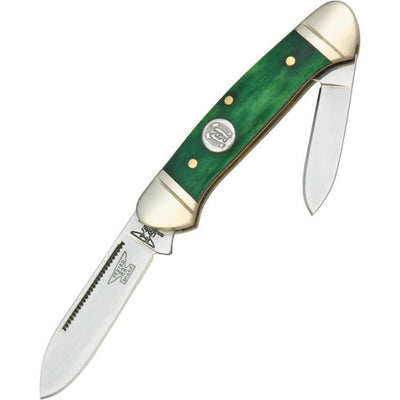 Mini Canoe Knife with green bone handle, dual stainless steel blades, and nickel silver bolsters.
