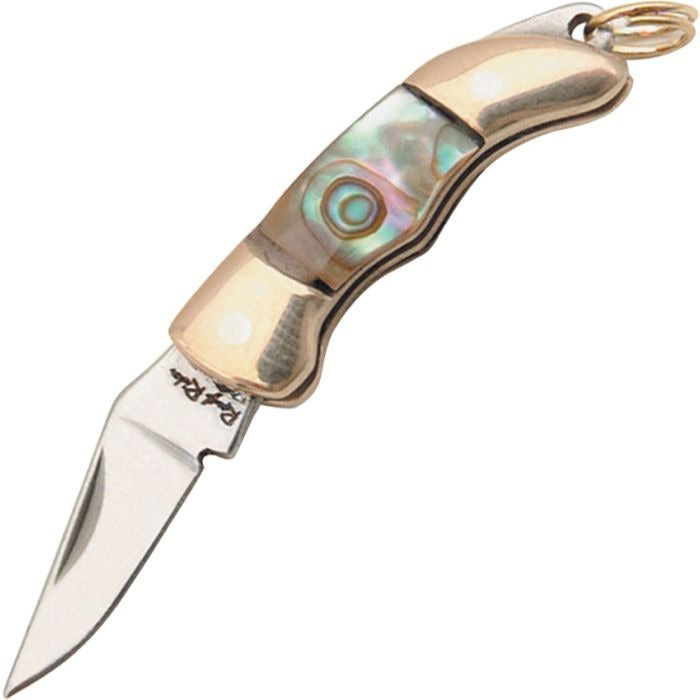 Miniature folding knife with stainless steel clip point blade and abalone shell handle, featuring nickel silver bolsters and keyring attachment.
