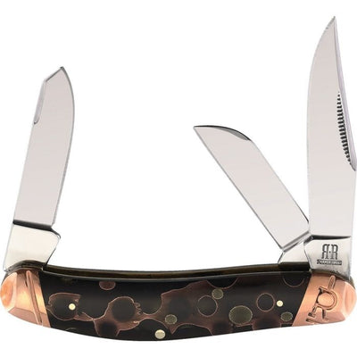 Sowbelly Copper Swirl Knife with black acrylic handle, copper ribbon accents, and triple mirror-finish stainless steel blades.