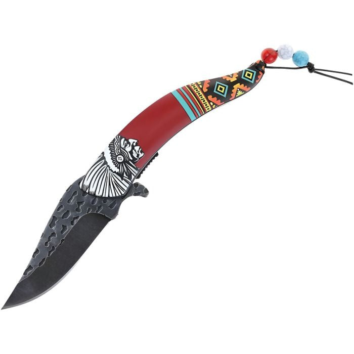 Chief Linerlock Knife with red synthetic handle featuring Southwestern artwork, black stonewash stainless steel blade, and decorative beaded lanyard.
