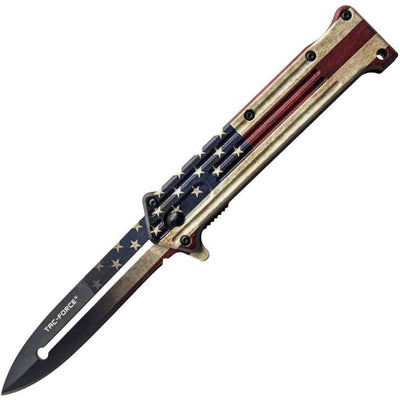 Linerlock assisted-opening folding knife with American flag design and stainless blade