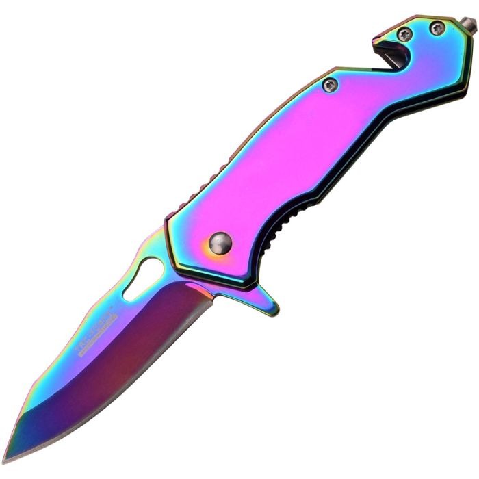 Rainbow titanium-finish Linerlock A/O Blading pocket knife with stainless steel blade and emergency tools