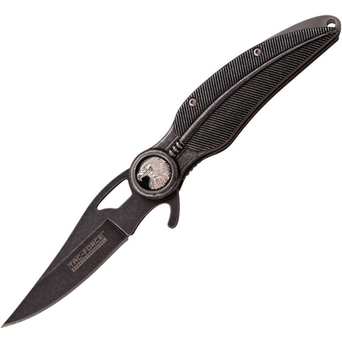 Feather Linerlock Knife with stonewash stainless blade, feather design aluminum handle, and eagle medallion